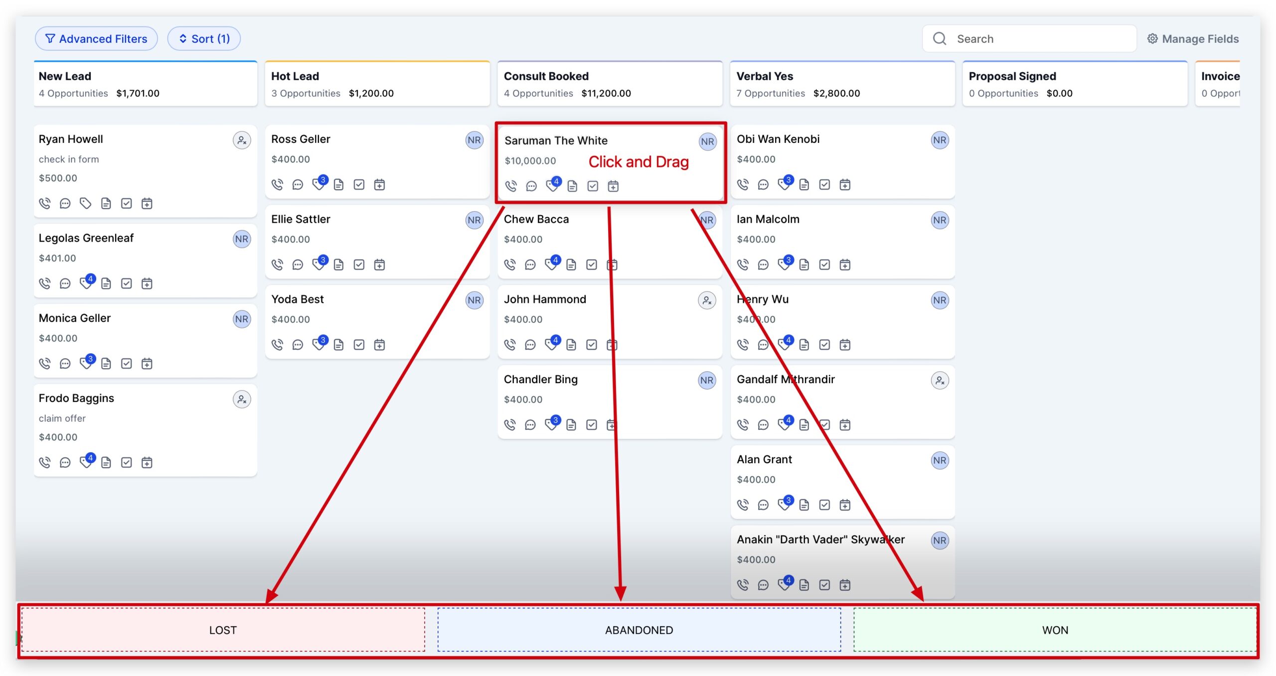 Editing Opportunity Status Drag and drop opportunity card to new status column