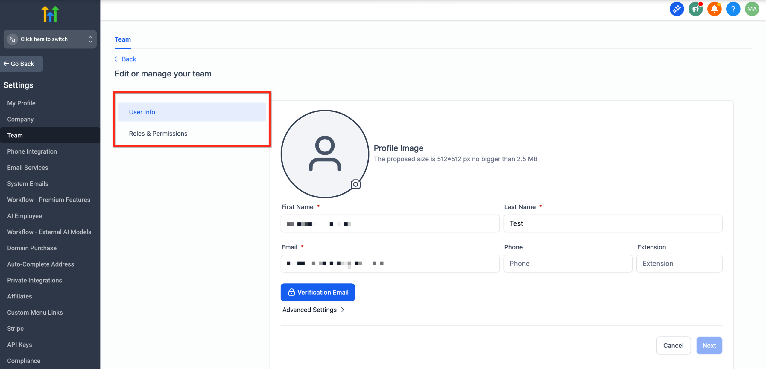 GoHighLevel Agency User Profile settings showing User Type and Account Assignment