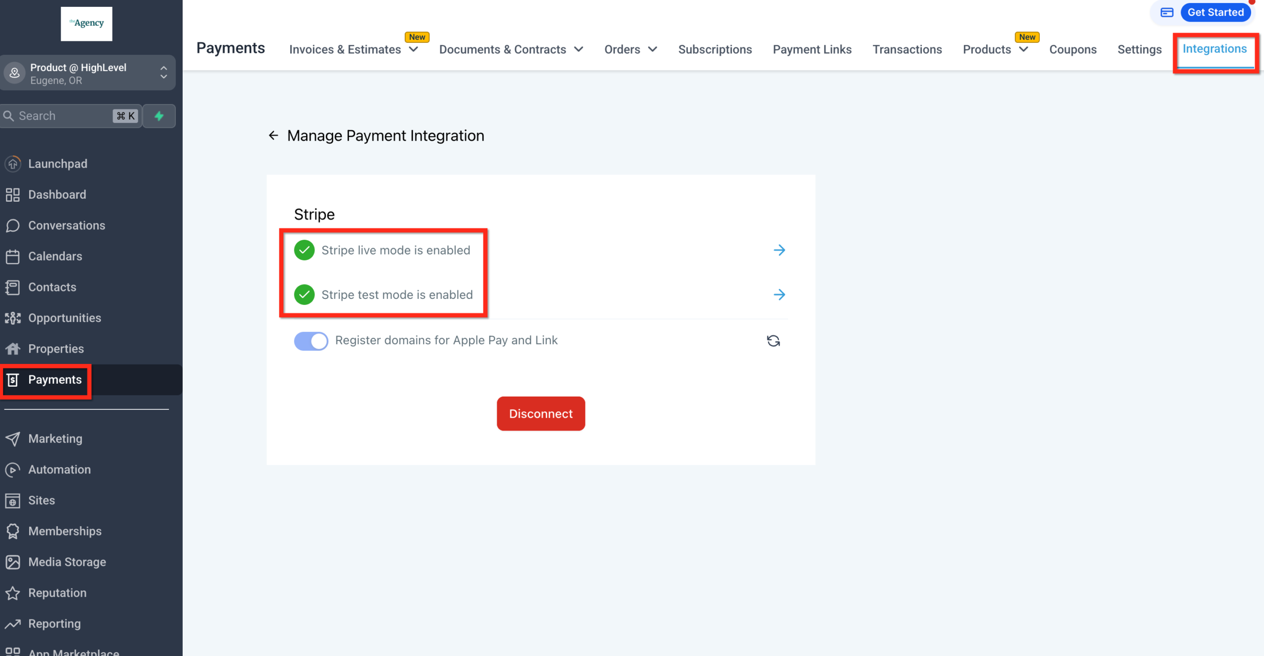 Screenshot of GoHighLevel Settings Integrations confirming Stripe is successfully connected.