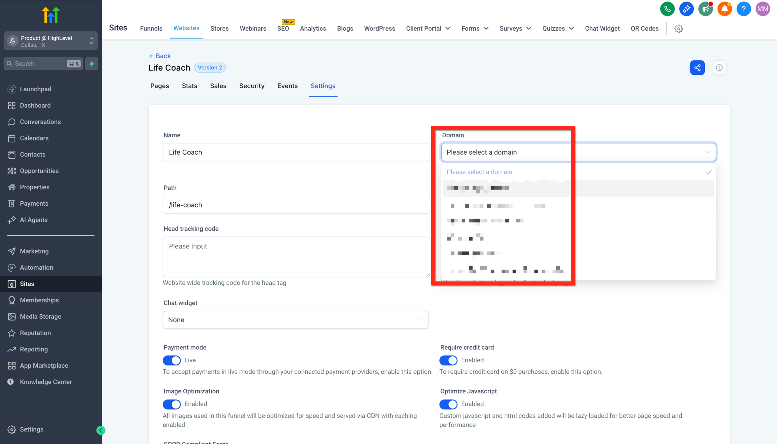 Website Settings Domain