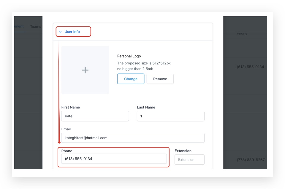 Screenshot of GoHighLevel User Info section, showing where to find the user's primary phone number.