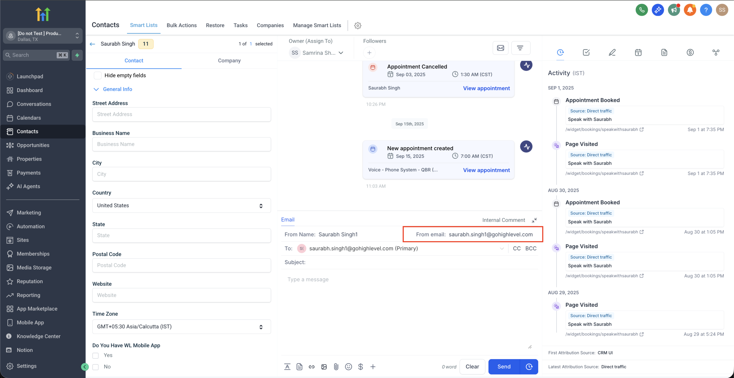 GoHighLevel Conversation Tab Manual Email From Address Default Display