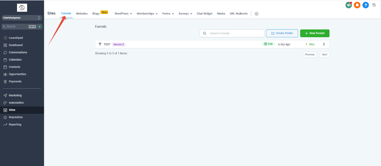 Click New Funnel Screenshot of GoHighLevel Funnels dashboard with 'New Funnel' button highlighted