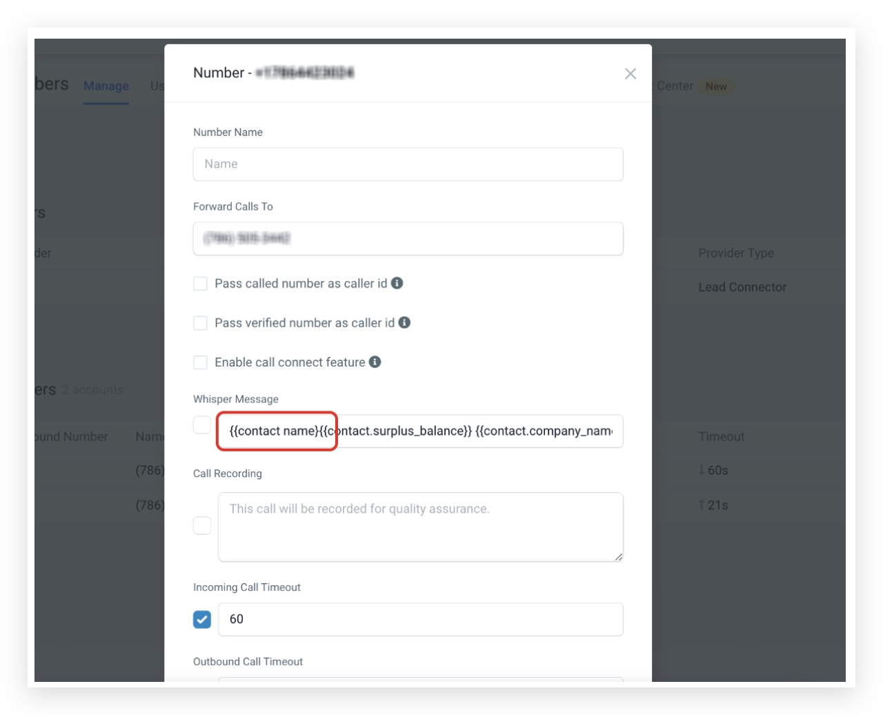 Screenshot of GoHighLevel phone number settings, showing the whisper message field which can cause call issues if misconfigured.