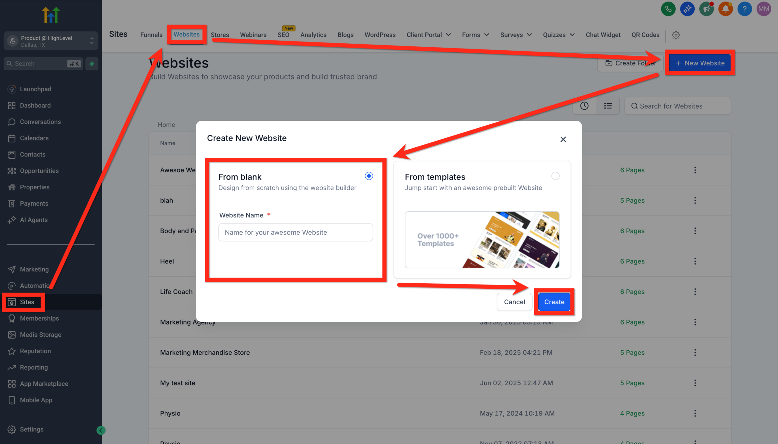 GoHighLevel interface showing 'New Website' and 'From Blank' options highlighted, leading to the 'Create' button.