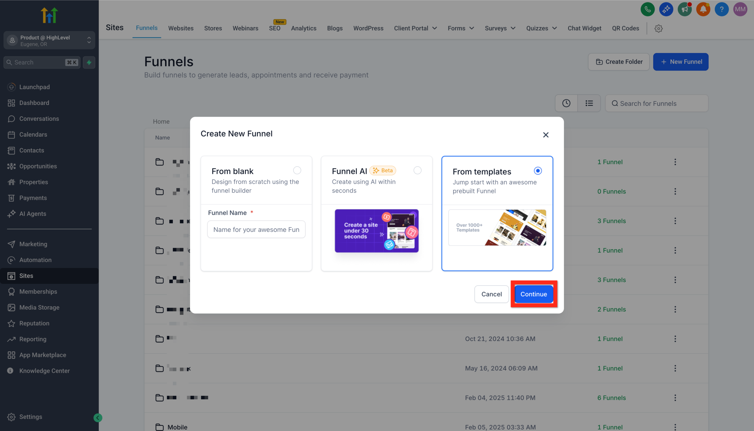 Screenshot displaying the 'New Funnel' options in <a href=