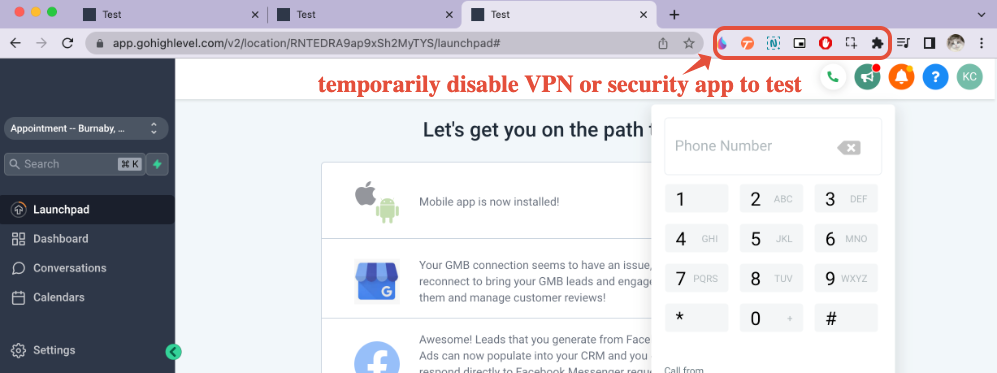 Screenshot of a browser window in incognito mode, illustrating how to prevent extension interference with the GoHighLevel dialer.