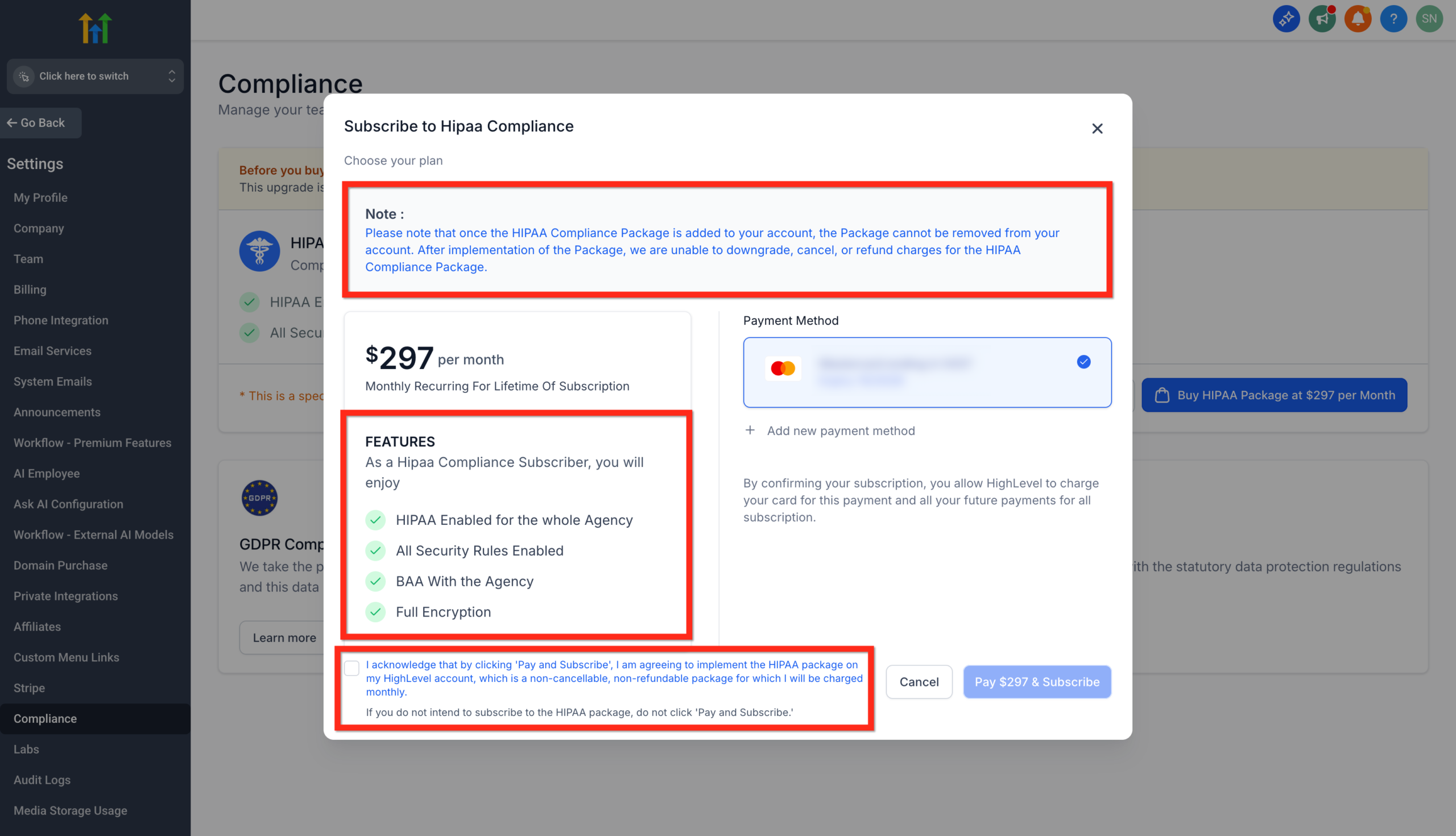 Screenshot of the HIPAA package purchase confirmation modal, outlining features and requiring acknowledgement.