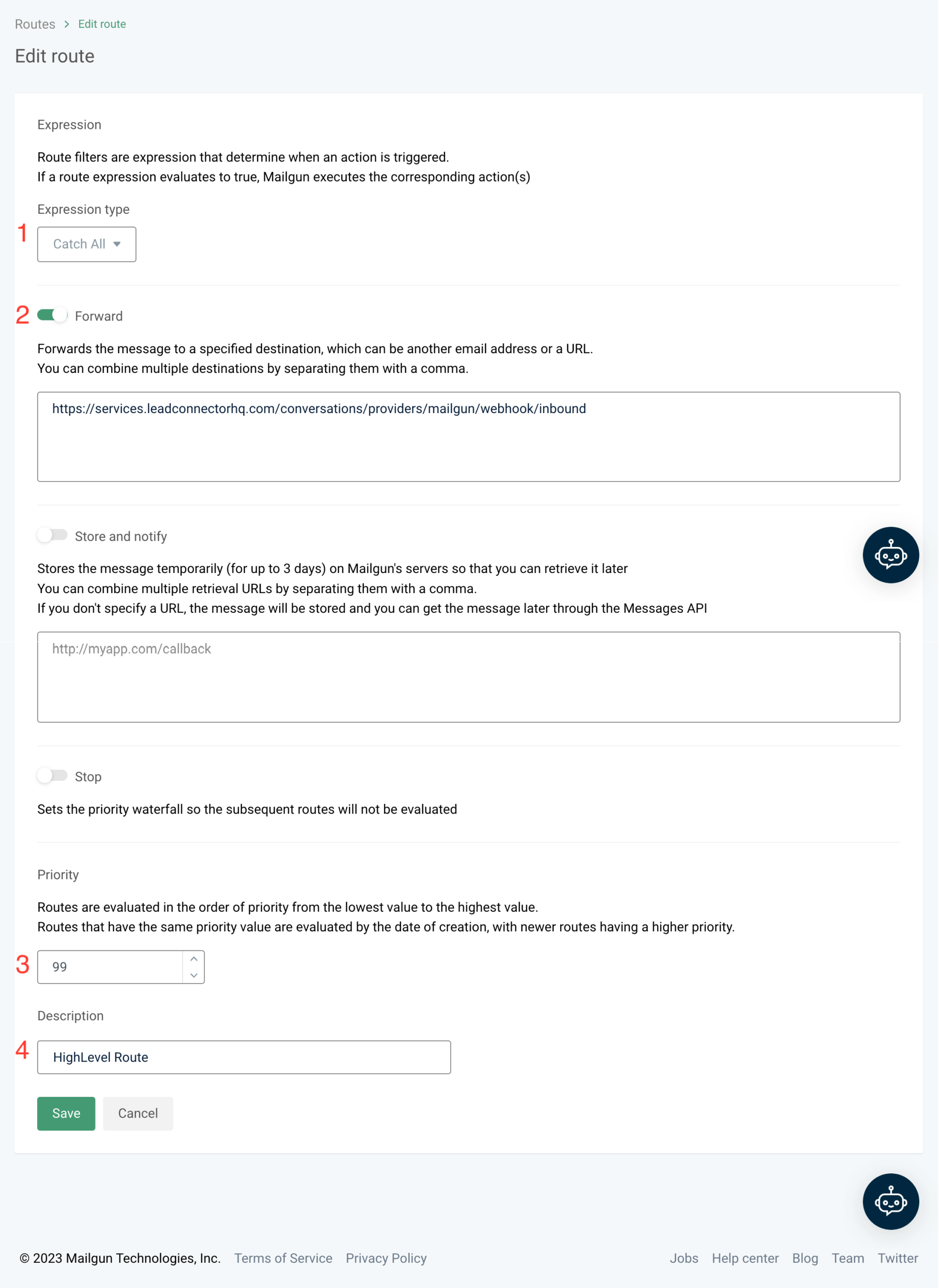 Mailgun Create HighLevel Route Mailgun Create Route form filled with Catch All expression, Forward action pointing to LeadConnector webhook, Priority 99, and "HighLevel Route" description