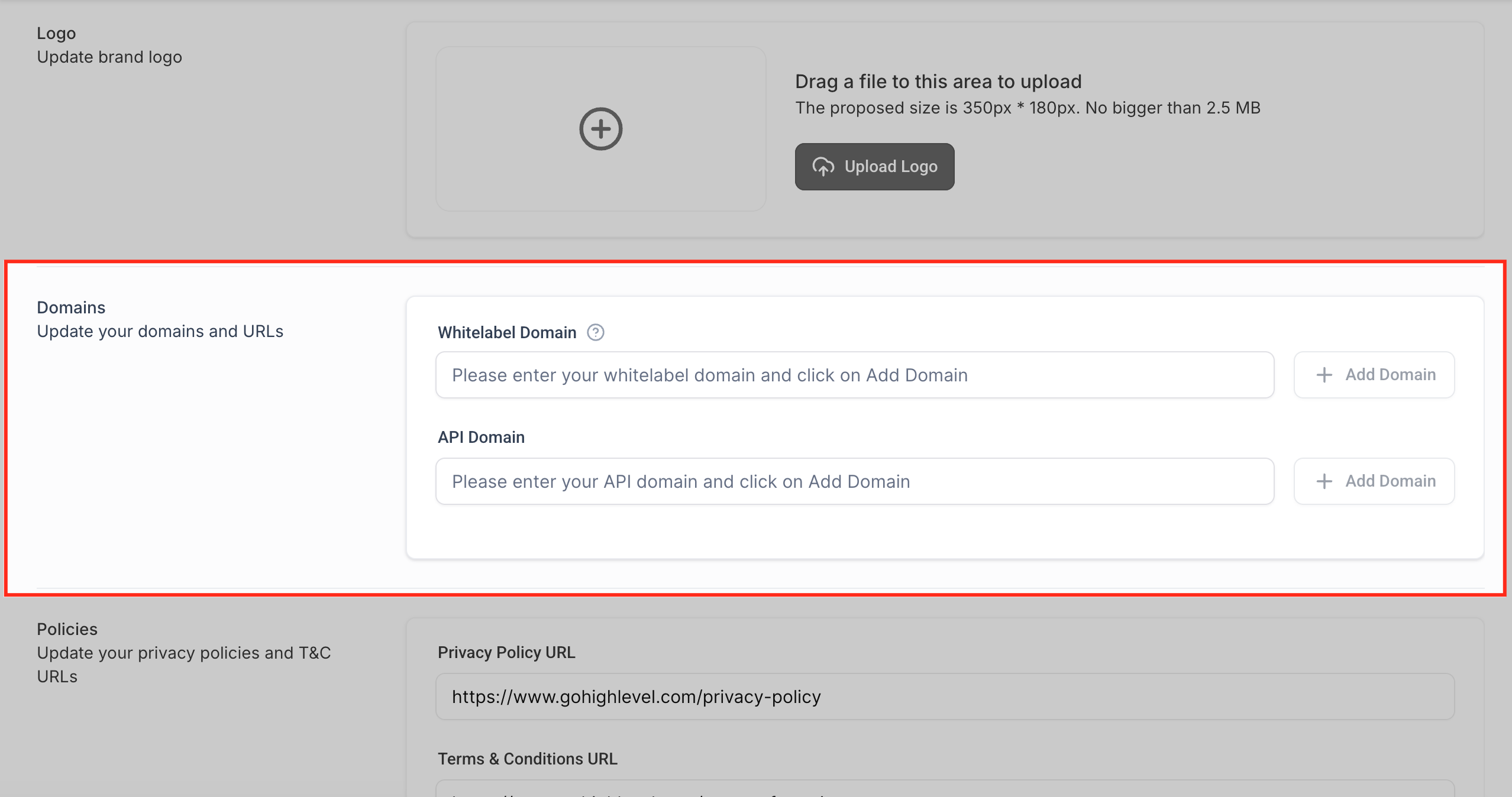 GoHighLevel Custom Domains Setup Screenshot of the Custom Domains section in GoHighLevel Whitelabel settings, displaying fields for Whitelabel Domain and API Domain configuration.