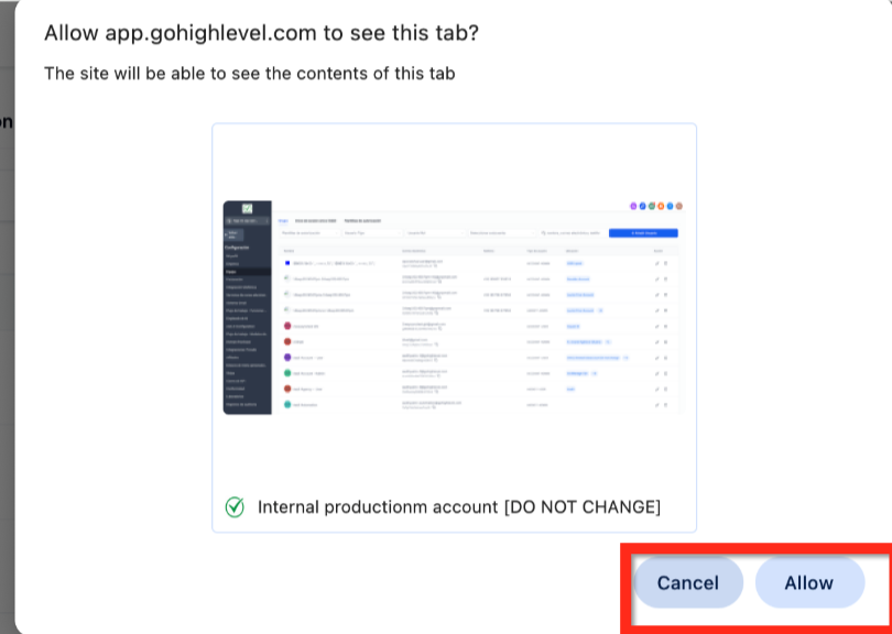 Screen Access Permission Prompt Browser permission prompt requesting access to screen for automatic capture in HighLevel