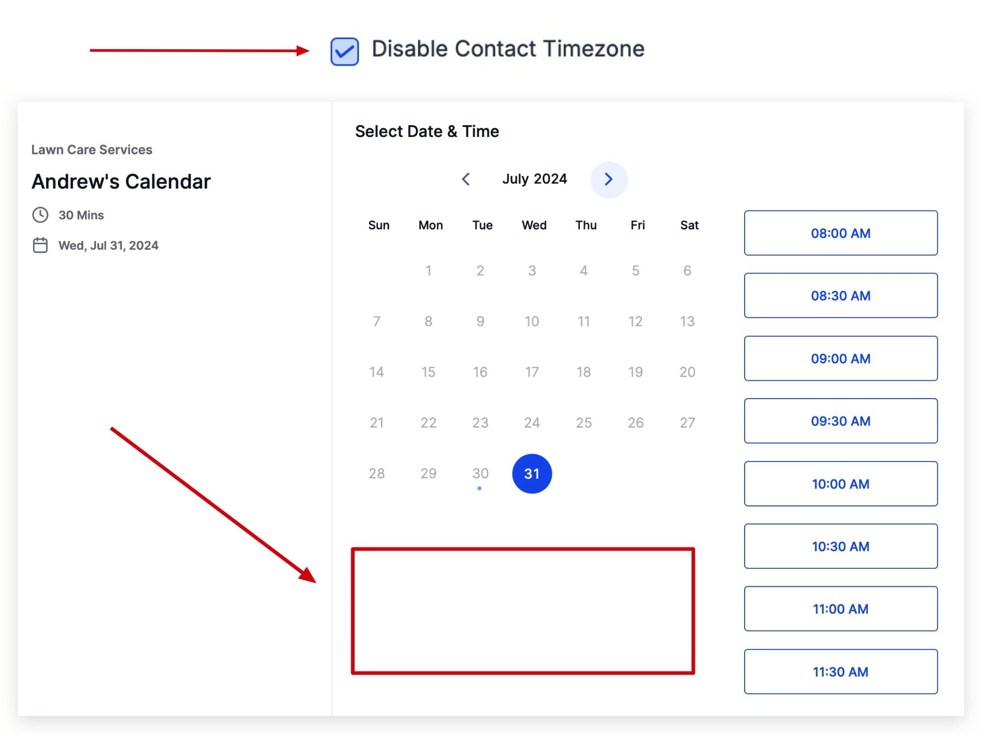 Calendar with Contact Timezone Disabled Screenshot of a GoHighLevel calendar widget with the contact timezone feature disabled, showing no timezone selection dropdown.