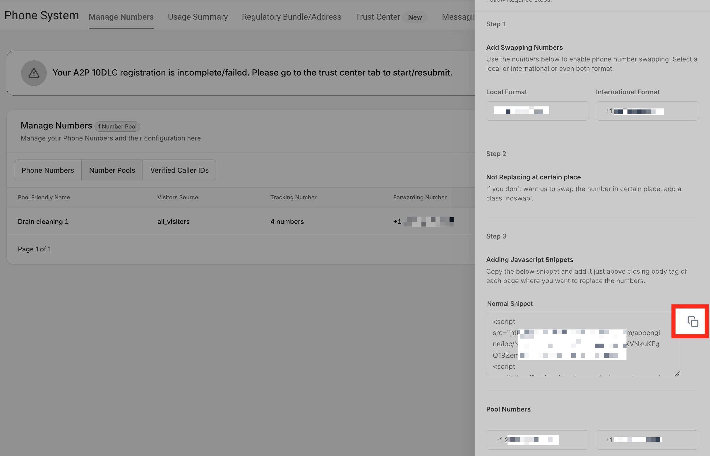 Normal Snippet Code Copying the Normal Snippet Code for the number pool