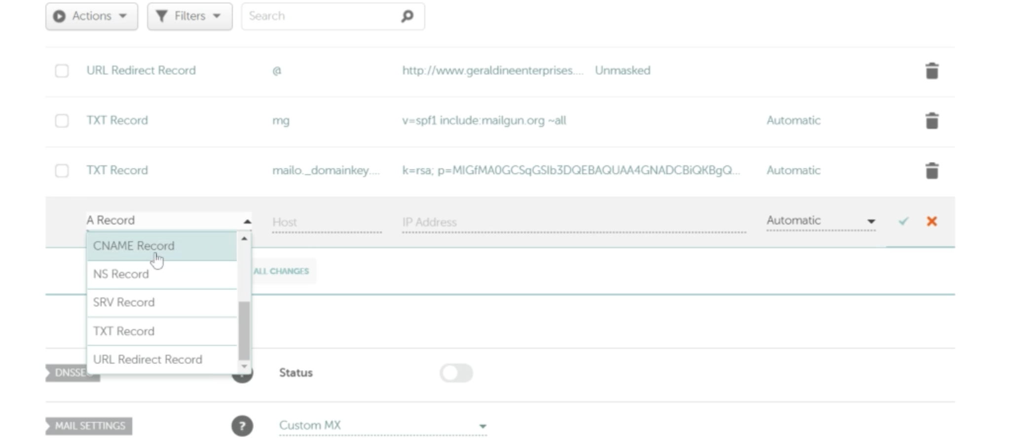 Namecheap Select CNAME Record Screenshot of Namecheap DNS record type dropdown with CNAME Record selected