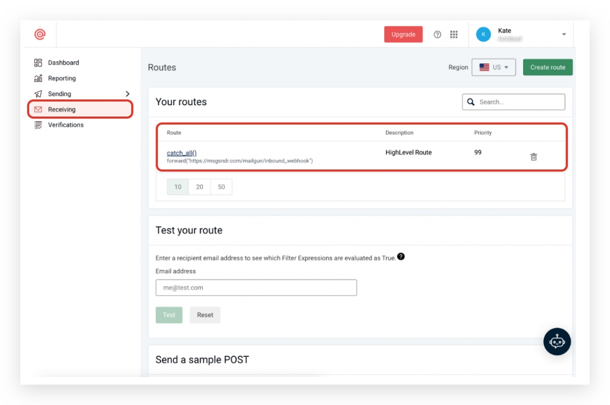 Mailgun White-Labeled Webhook Mailgun Receiving Routes with a white-labeled webhook URL example for custom agency setups