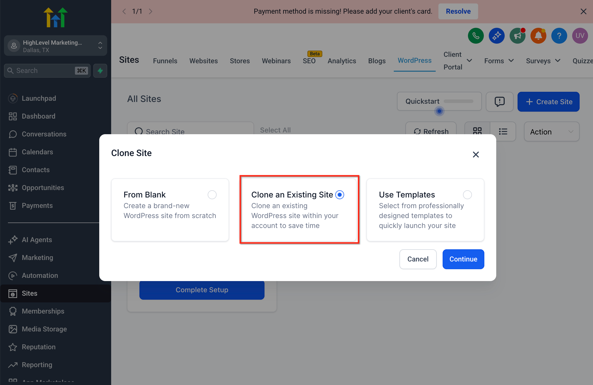 Clone WordPress Site Screenshot of the HighLevel agency view, showing the 'Clone' option for a WordPress site to duplicate it to another sub-account.