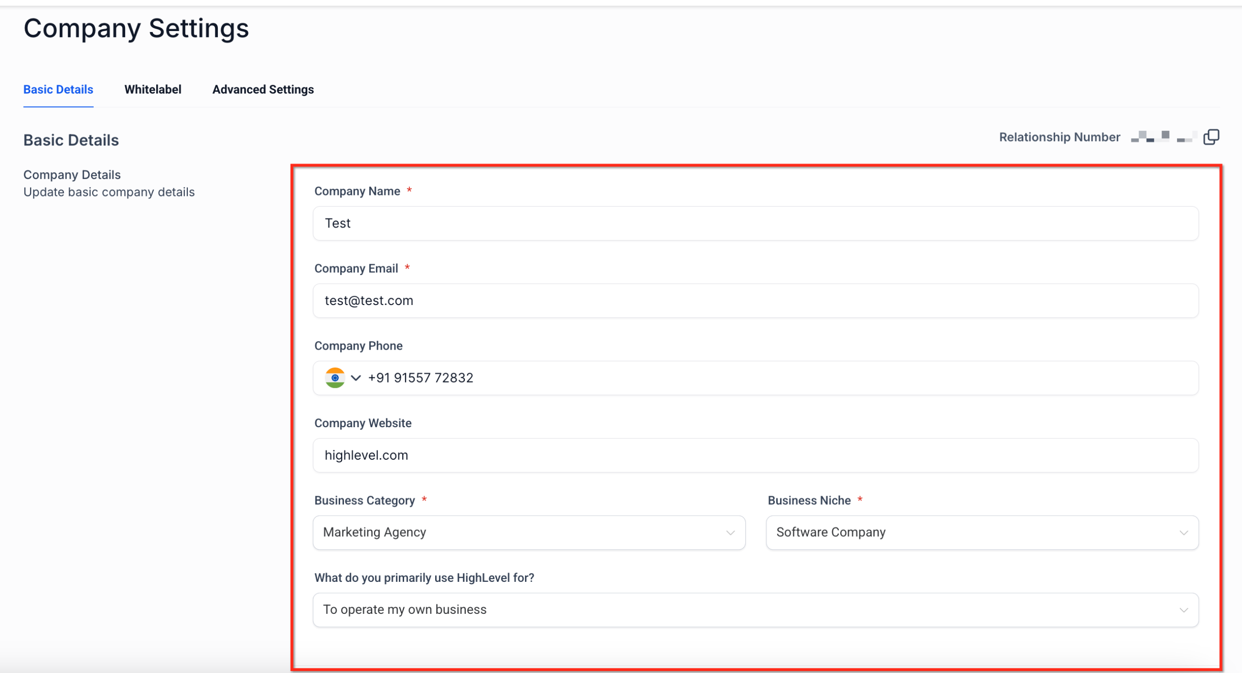 GoHighLevel Company Info Identity Screenshot of the Company Info & Identity section in GoHighLevel Basic Details, showing fields for Business Name, Primary Email, Phone, Website URL, Business Category, and Usage Type.