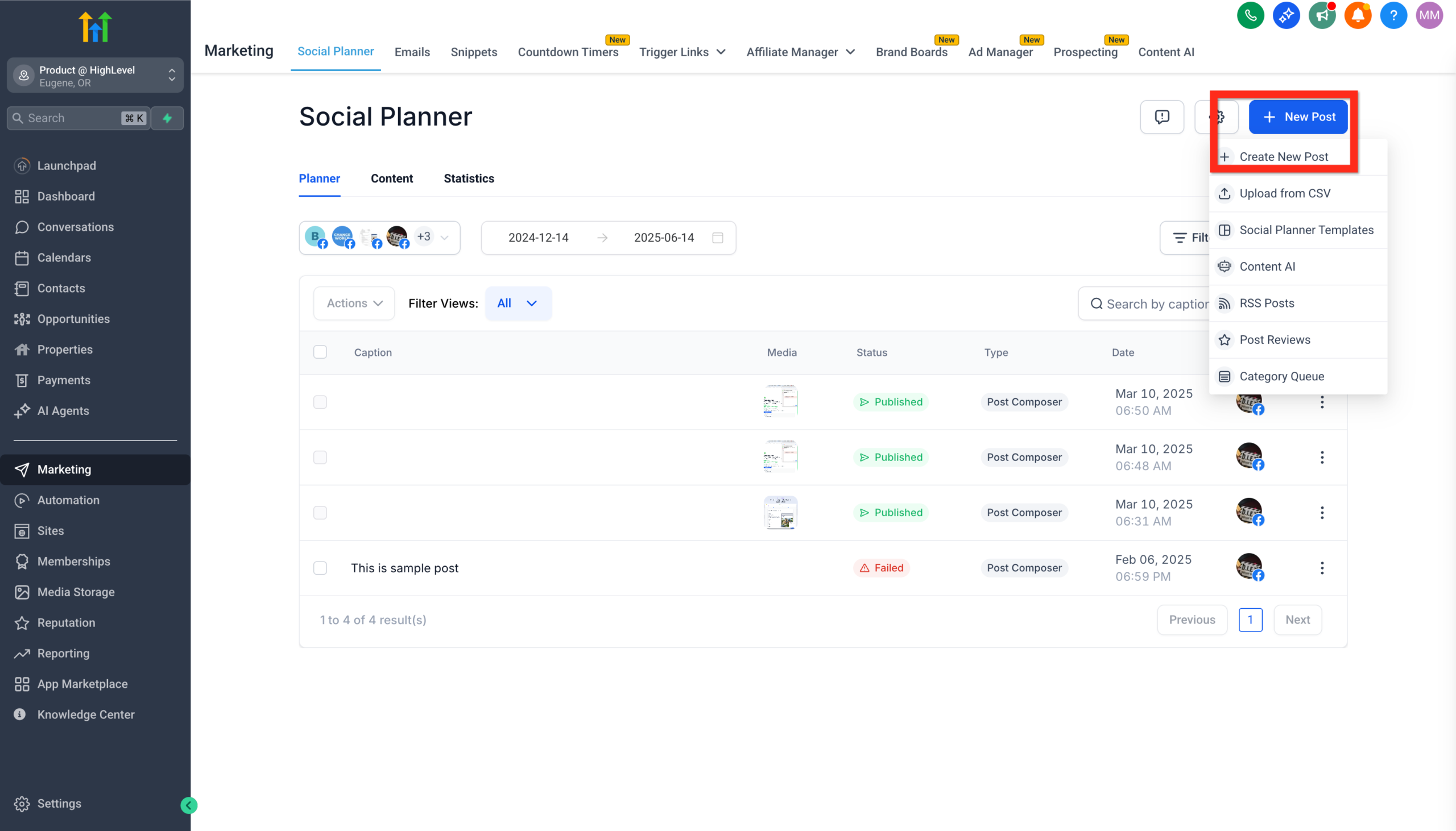Creating a new custom social media post by navigating to 'New Post' then 'Create New Post'.