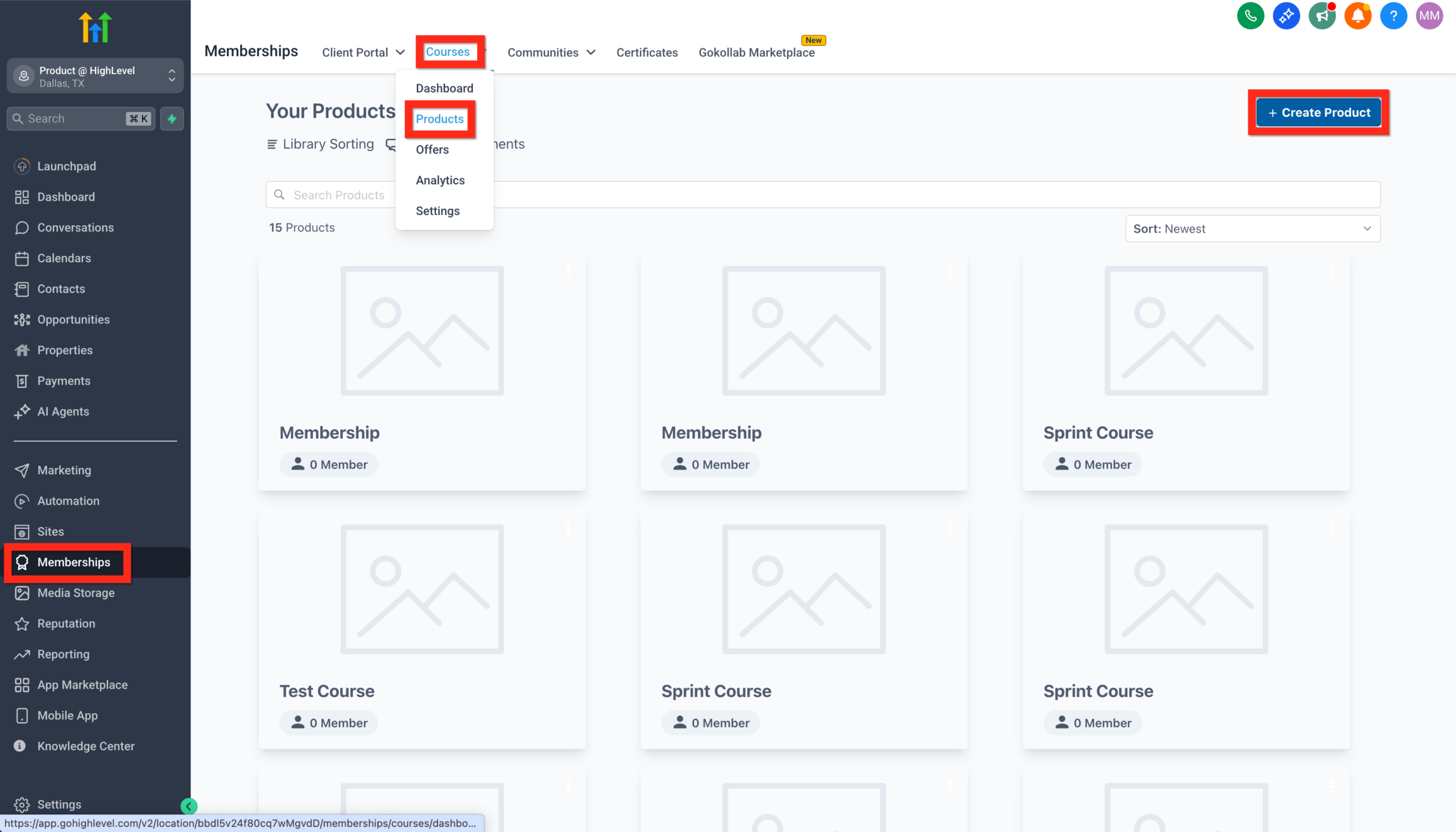 Screenshot showing navigation to Memberships > Courses > Products in GoHighLevel dashboard