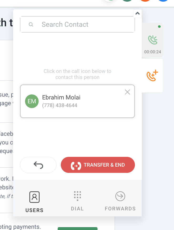 Screenshot illustrating the blind transfer option in the GoHighLevel web app dialer.