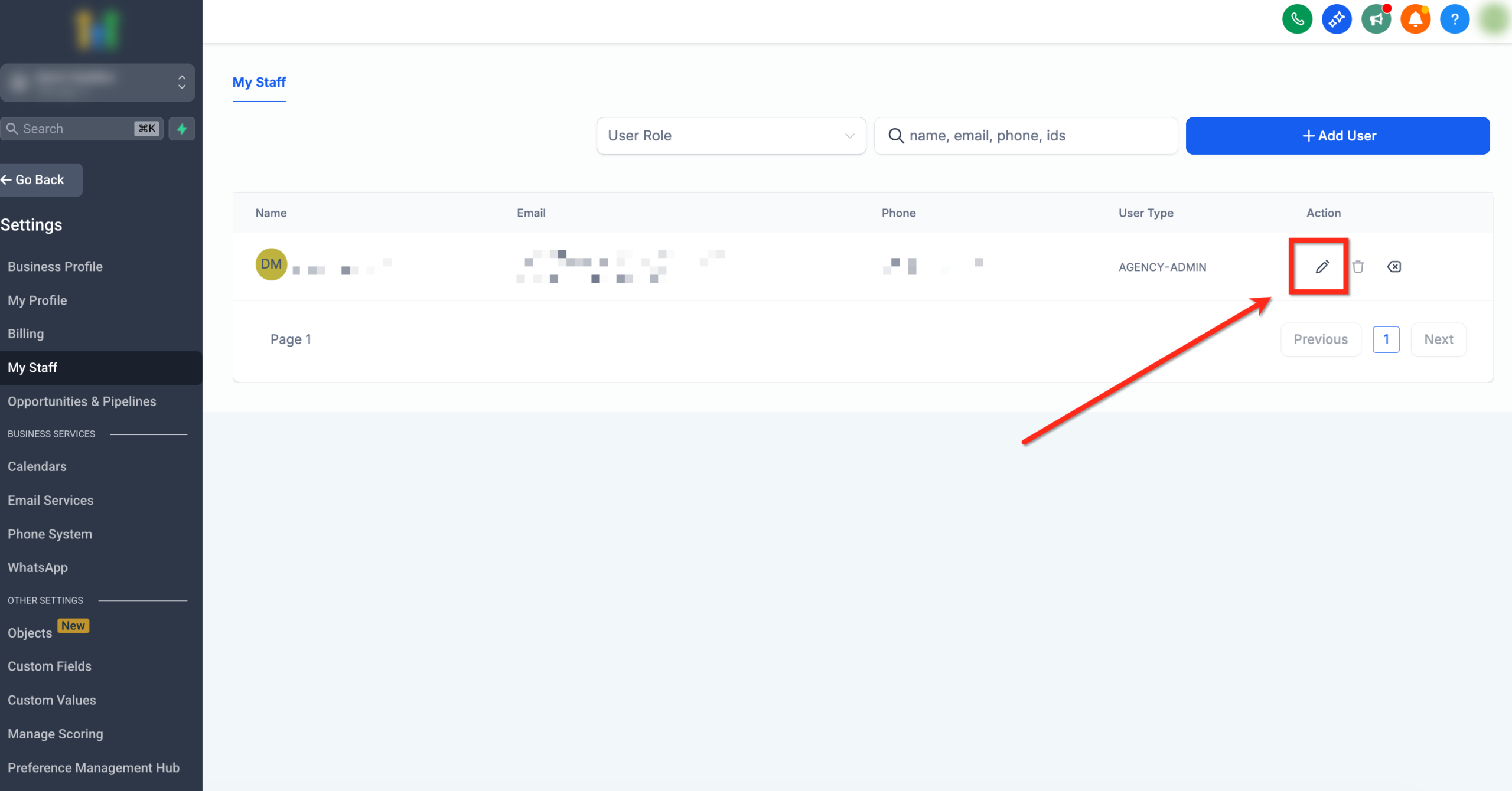Screenshot showing how to select a staff member and click the edit icon