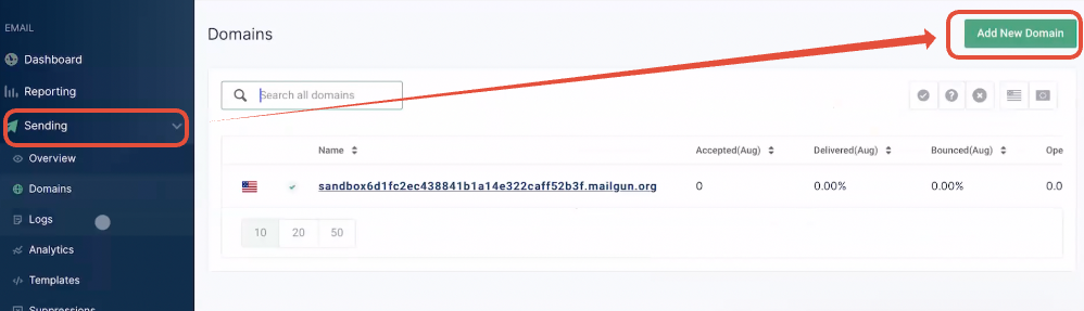 Screenshot showing the 'Add New Domain' button within the Mailgun sending domains interface.