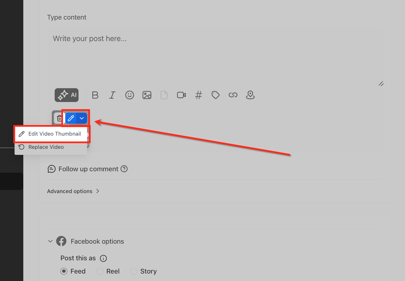 Video preview and thumbnail editing options in Social Planner, allowing users to customize the video's appearance.