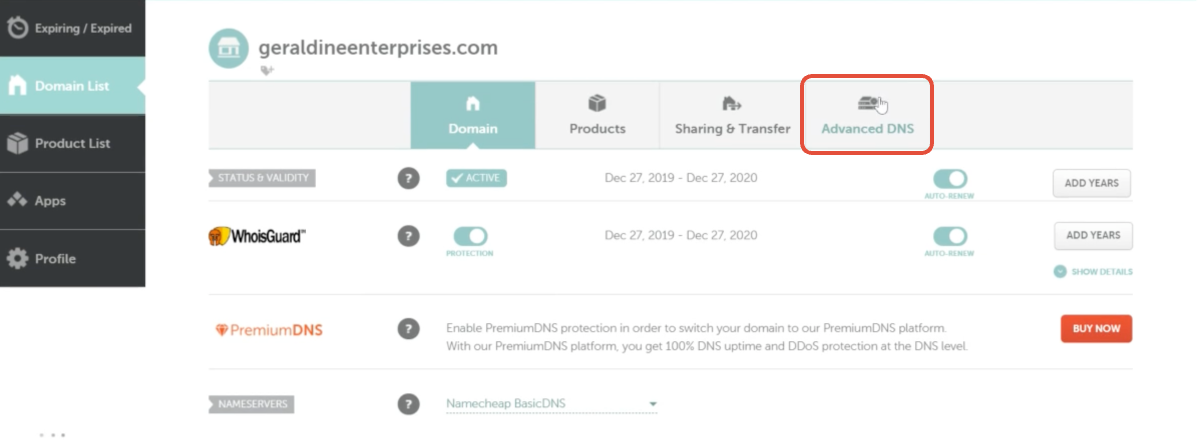 Namecheap Advanced DNS Tab Screenshot of Namecheap domain management with 'Advanced DNS' tab highlighted