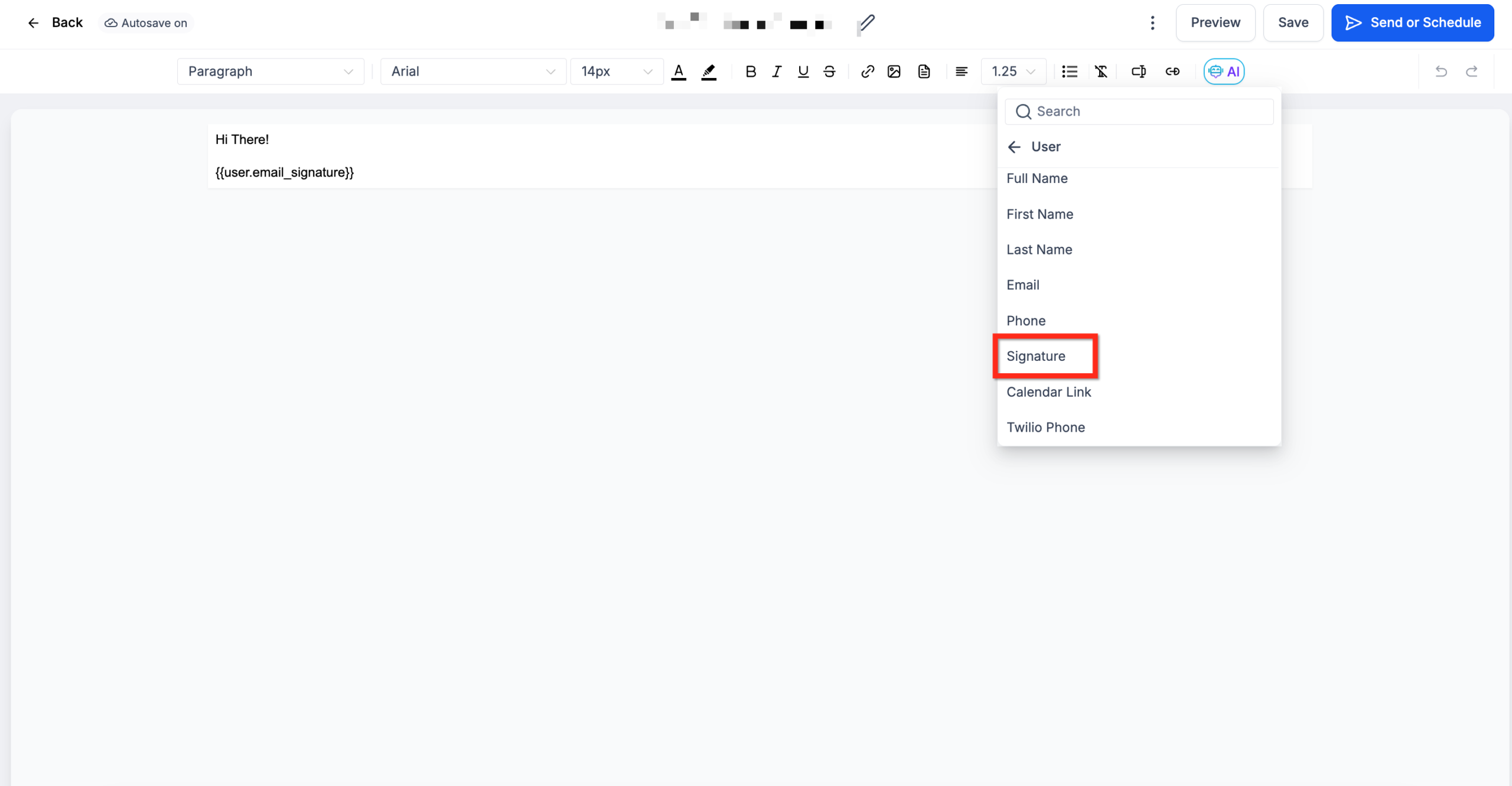 Screenshot showing the selection of 'Custom Values' then 'User' then 'Signature' in the GoHighLevel email editor