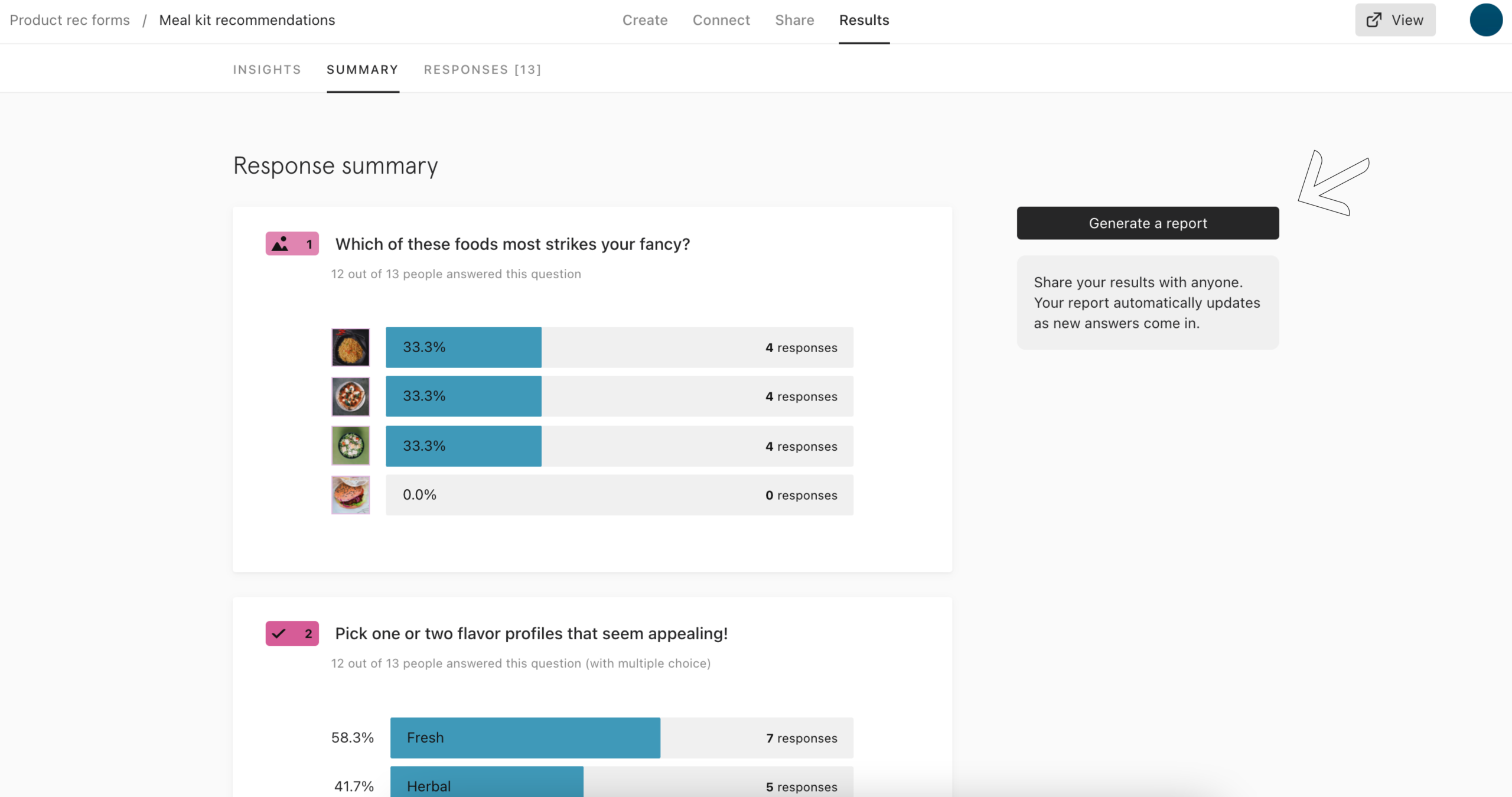 Generating a Typeform Summary Report Screenshot of the Typeform "Results" and "Summary" section, with a button to "Generate a report" and a toggle for open-ended questions.