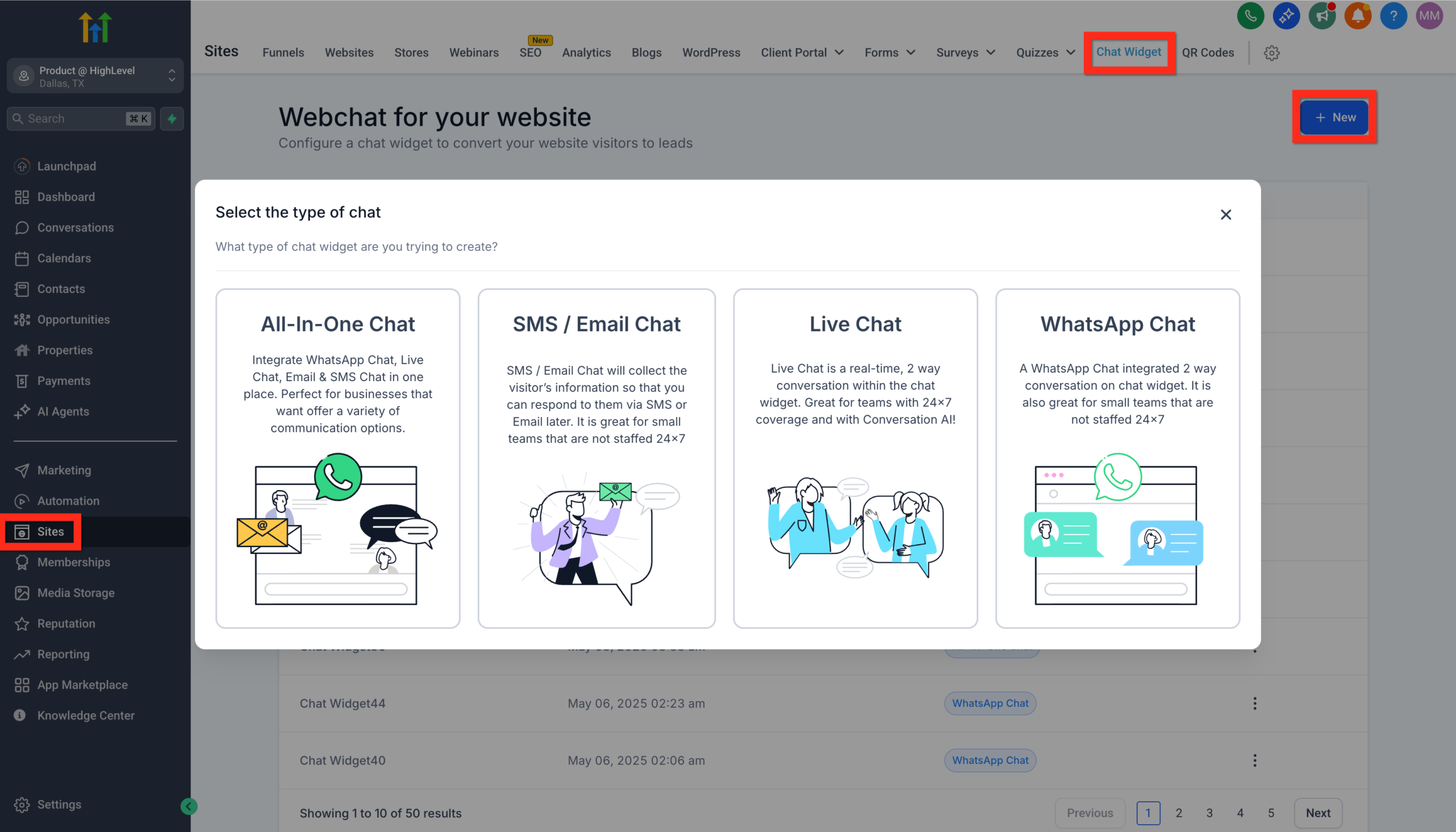 Screenshot showing the selection of 'Live Chat' from the 'New' chat widget options in GoHighLevel.