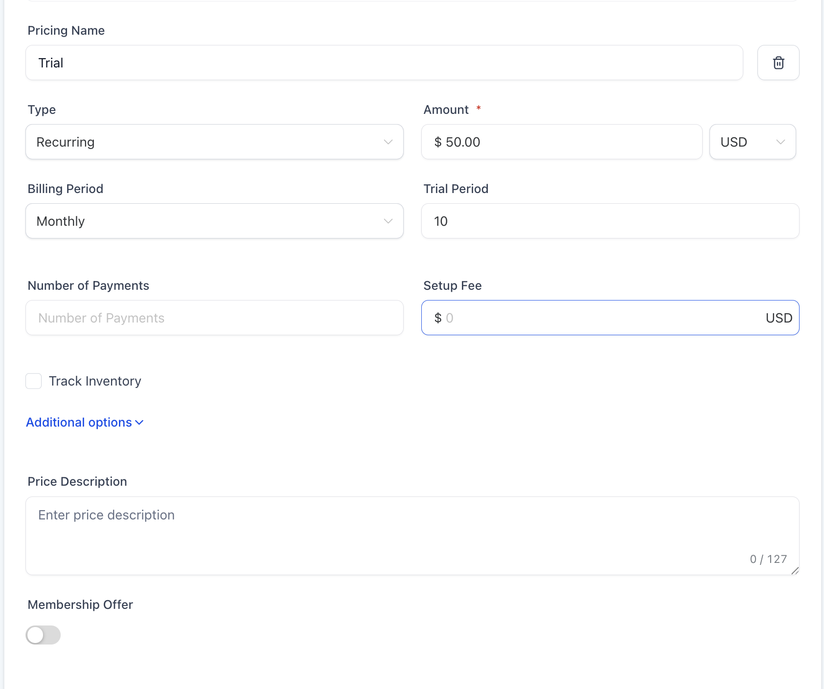 Screenshot showing the 'Pricing' section for a product, with 'Recurring' selected as the Type, indicating a subscription or trial setup.