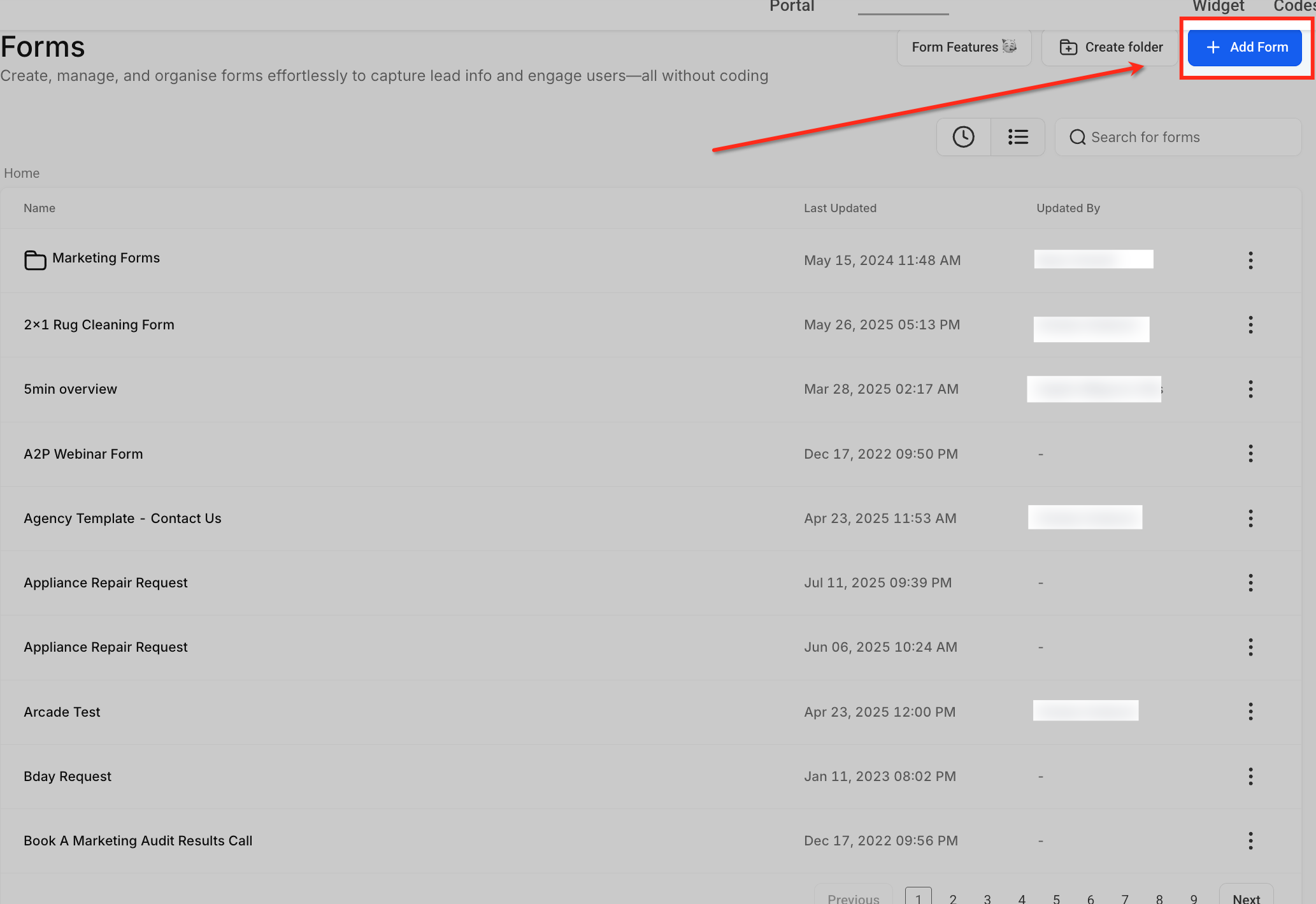 GoHighLevel Form Builder interface showing existing forms and the 'Create New Form' button