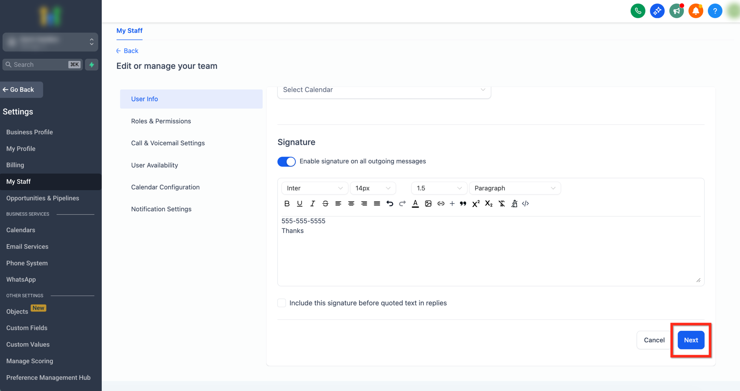 Screenshot of the 'Next' and 'Save' buttons to confirm email signature changes in GoHighLevel
