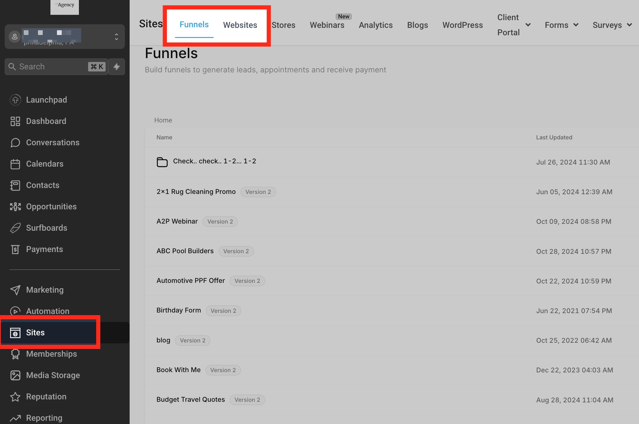 Go to Sites Navigating to the Sites section, choosing Funnels or Websites