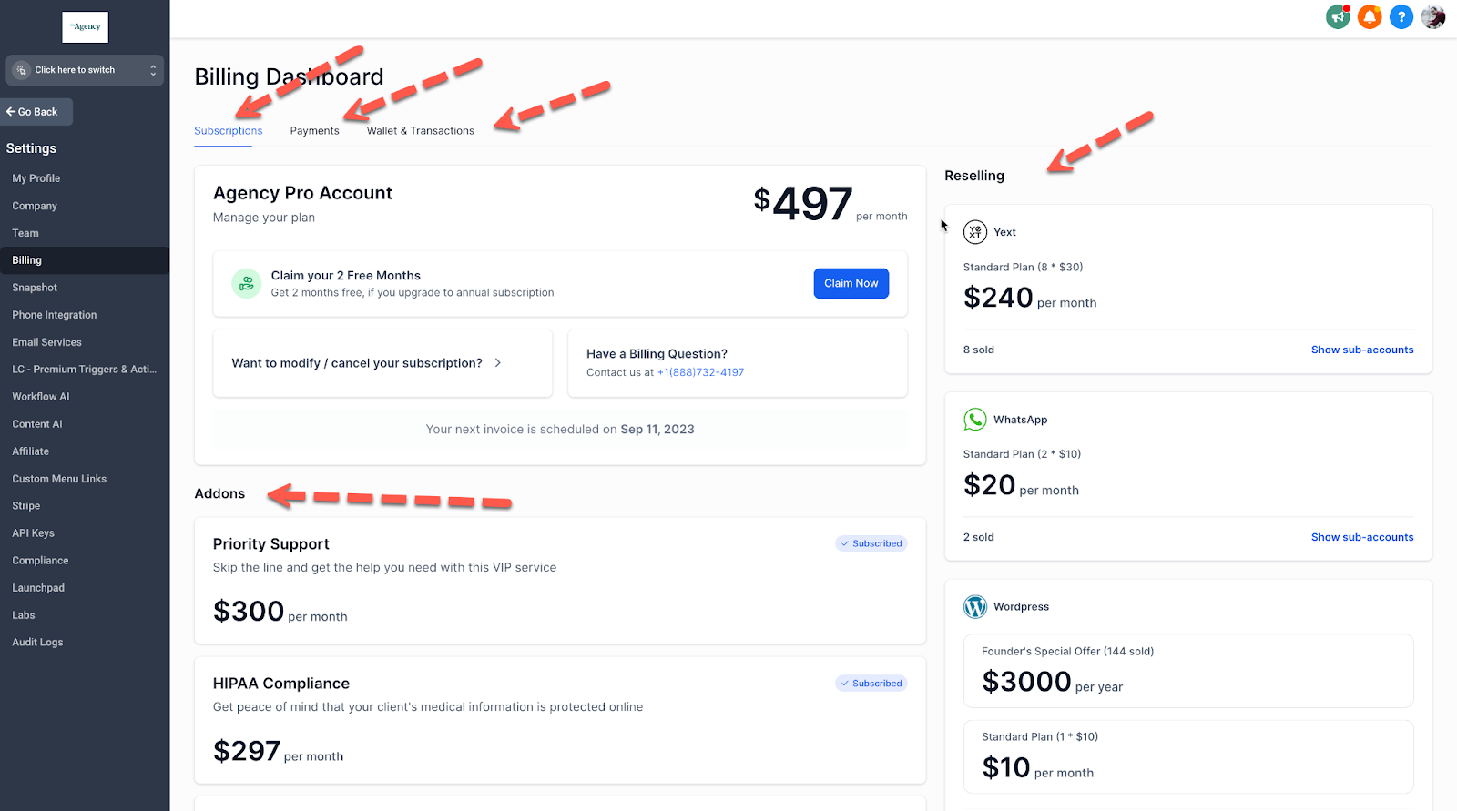 Screenshot of the HighLevel Agency View Billing settings interface, showing subscription plan, wallet balances, and invoice history