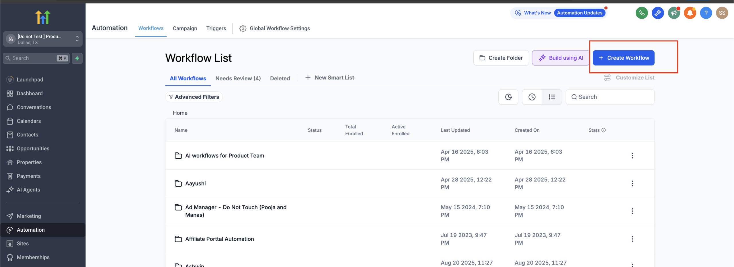 GoHighLevel Automation Workflows Create Workflow Button
