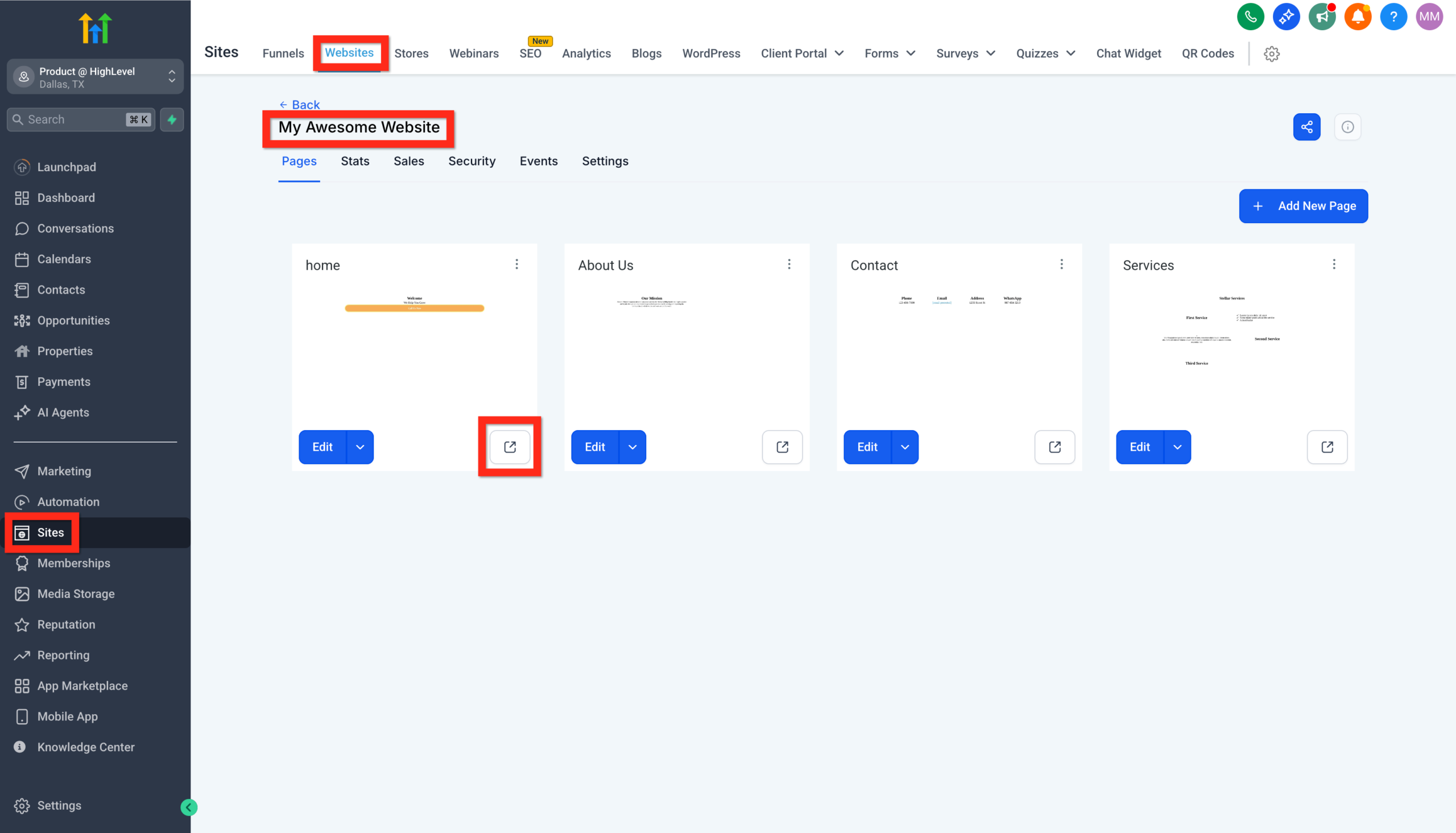 GoHighLevel website details page, highlighting the 'Preview Page' icon (box with arrow) to view the live site.