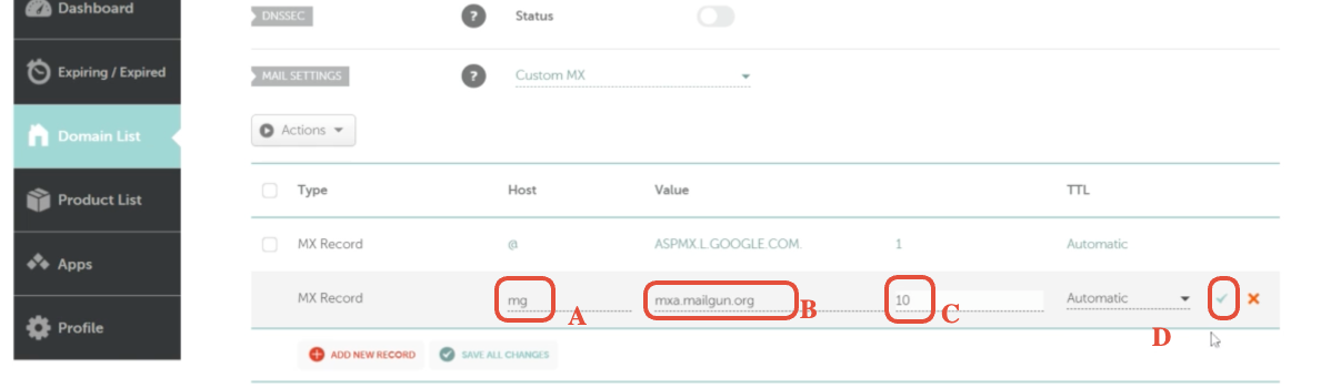 Namecheap Select MX Record Screenshot of Namecheap DNS record type dropdown with MX Record selected