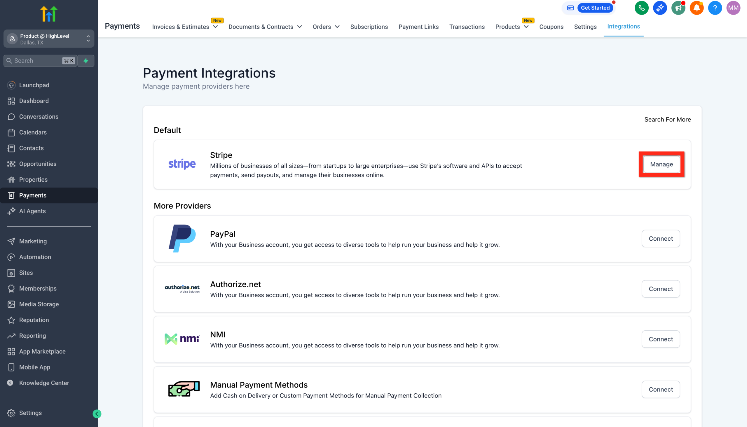 Screenshot confirming successful Stripe account authorization and showing the 'Manage' button to edit the connection in GoHighLevel.