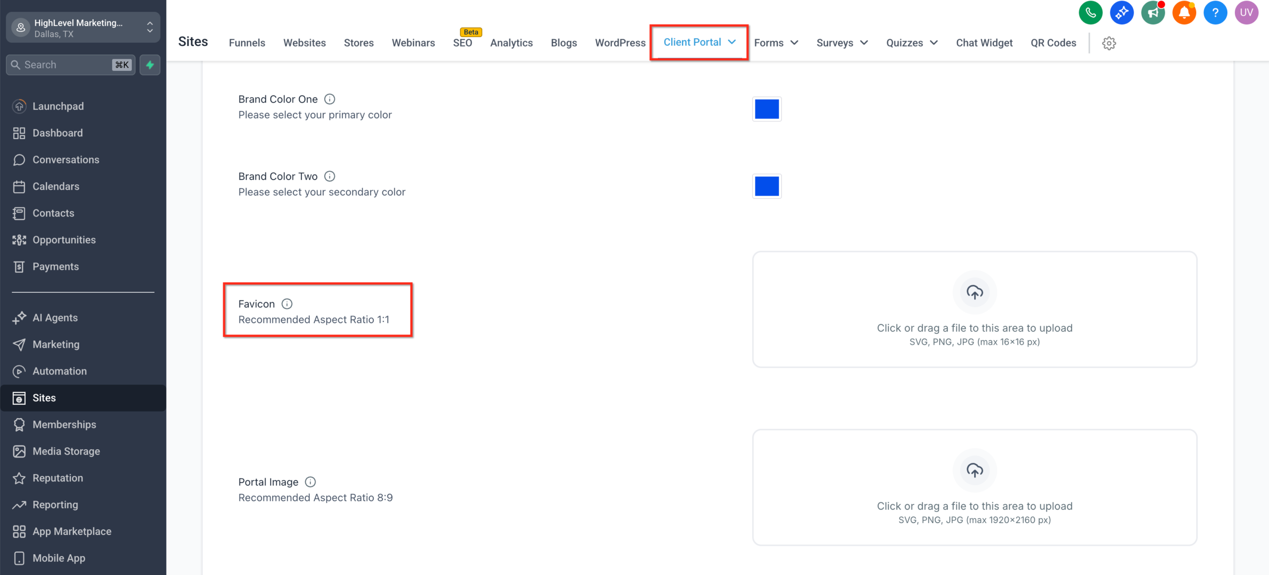 GoHighLevel Client Portal Favicon Screenshot showing favicon customization for the Client Portal in GoHighLevel, with the path Sub-account → Client Portal settings → Branding → Favicon.