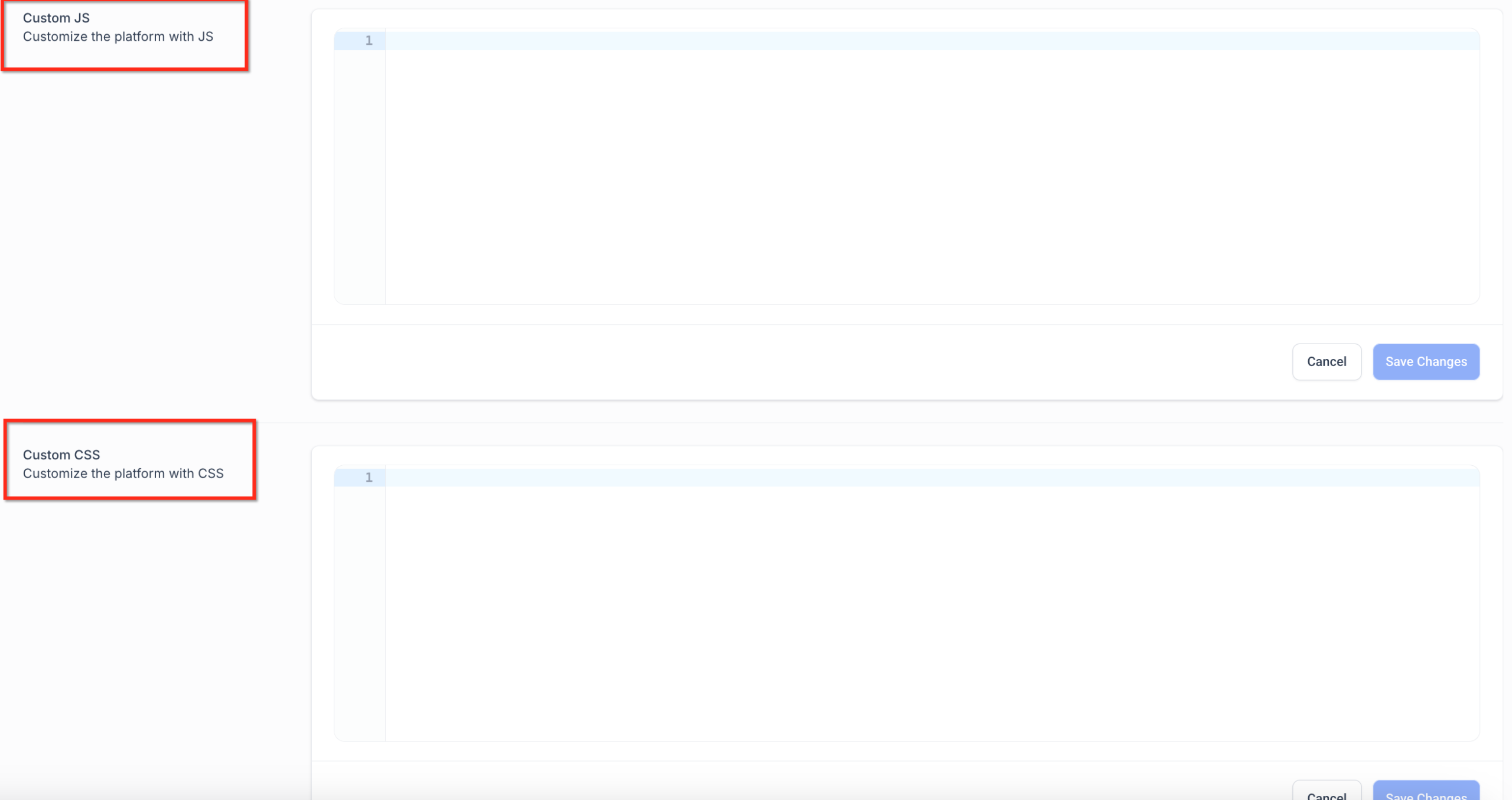 GoHighLevel Custom Code JavaScript CSS Screenshot of the Custom Code section in GoHighLevel Whitelabel settings, featuring input fields for Custom JavaScript and Custom CSS.
