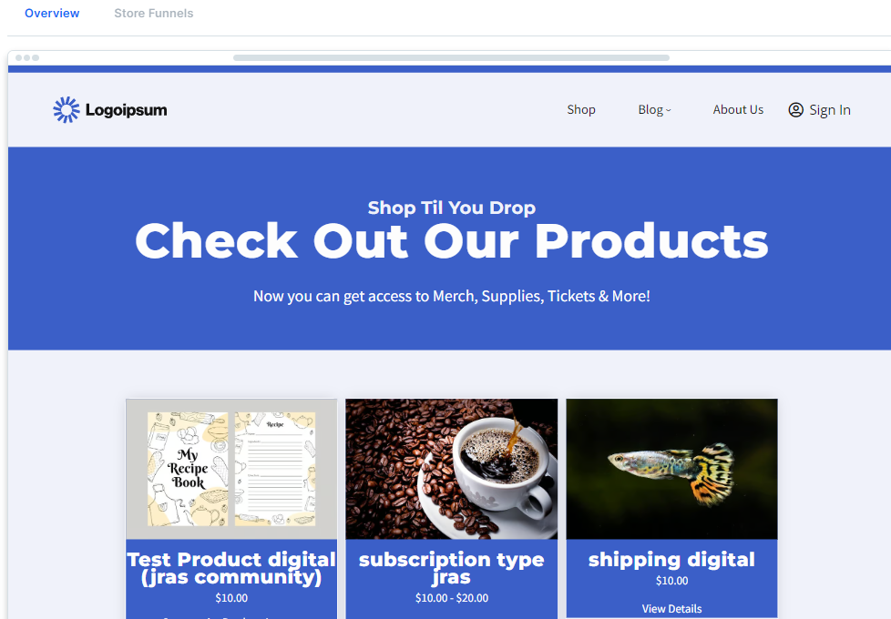 Screenshot of a HighLevel e-commerce store setup, showing product listings, order forms, and options for managing online sales.