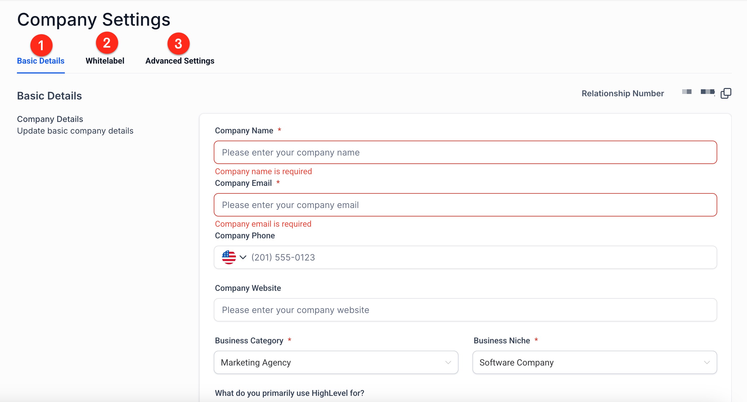 GoHighLevel Company Settings Tabs Screenshot showing the three main tabs in GoHighLevel Agency Company Settings: Basic Details, Whitelabel, and Advanced Settings.