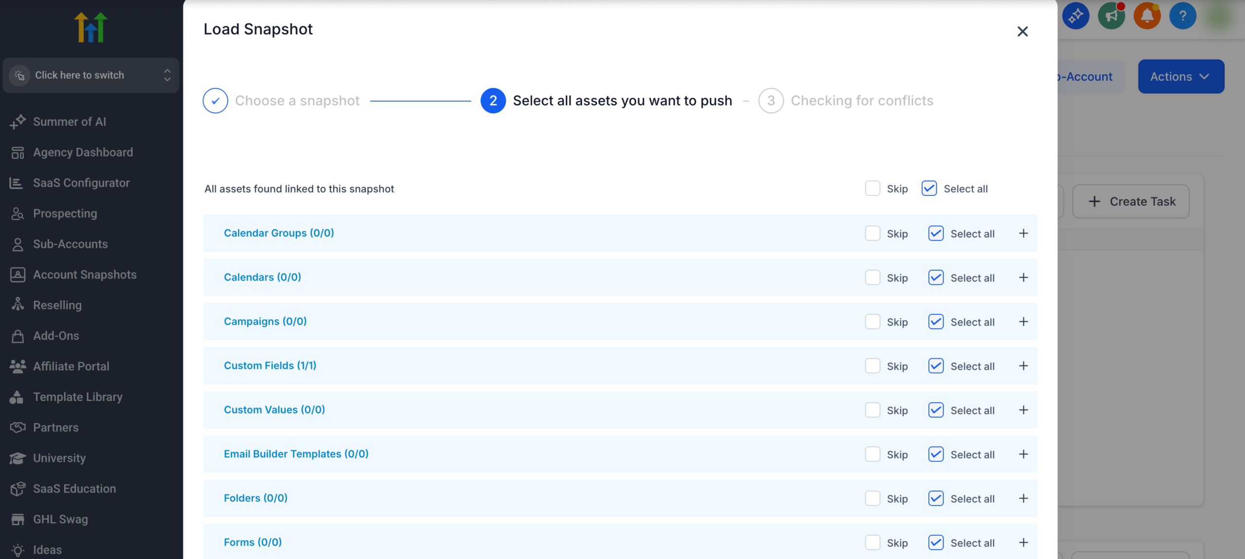 Screenshot displaying the 'Select Assets' interface, where users can choose specific asset categories or individual items from the snapshot to import, with the 'Proceed' button highlighted.