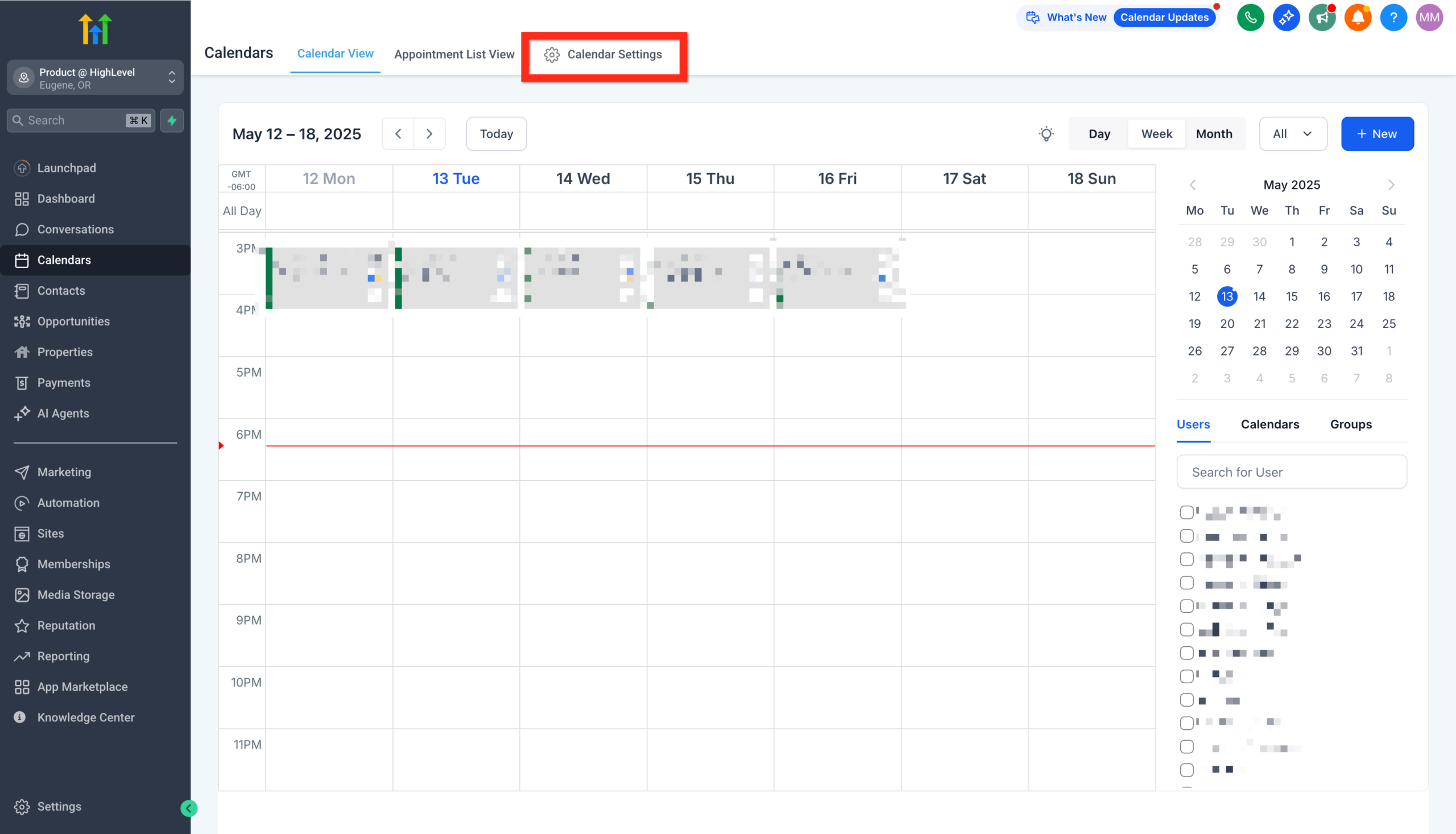 Screenshot showing navigation to Calendar Settings in HighLevel to begin creating a new booking calendar.