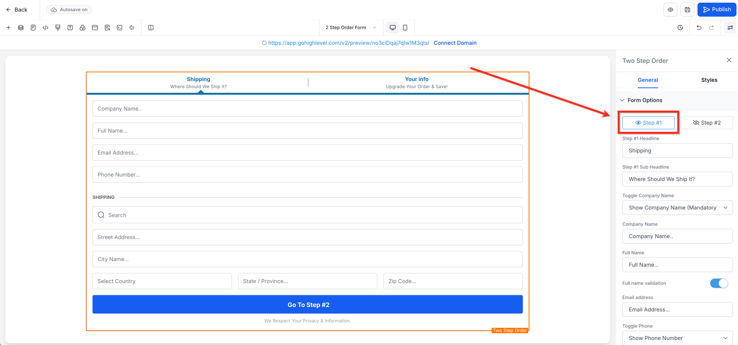 Screenshot of the GoHighLevel Two-Step Order Form configuration for Step 1, showing options for headlines, company name, placeholders, phone, shipping, and button text.