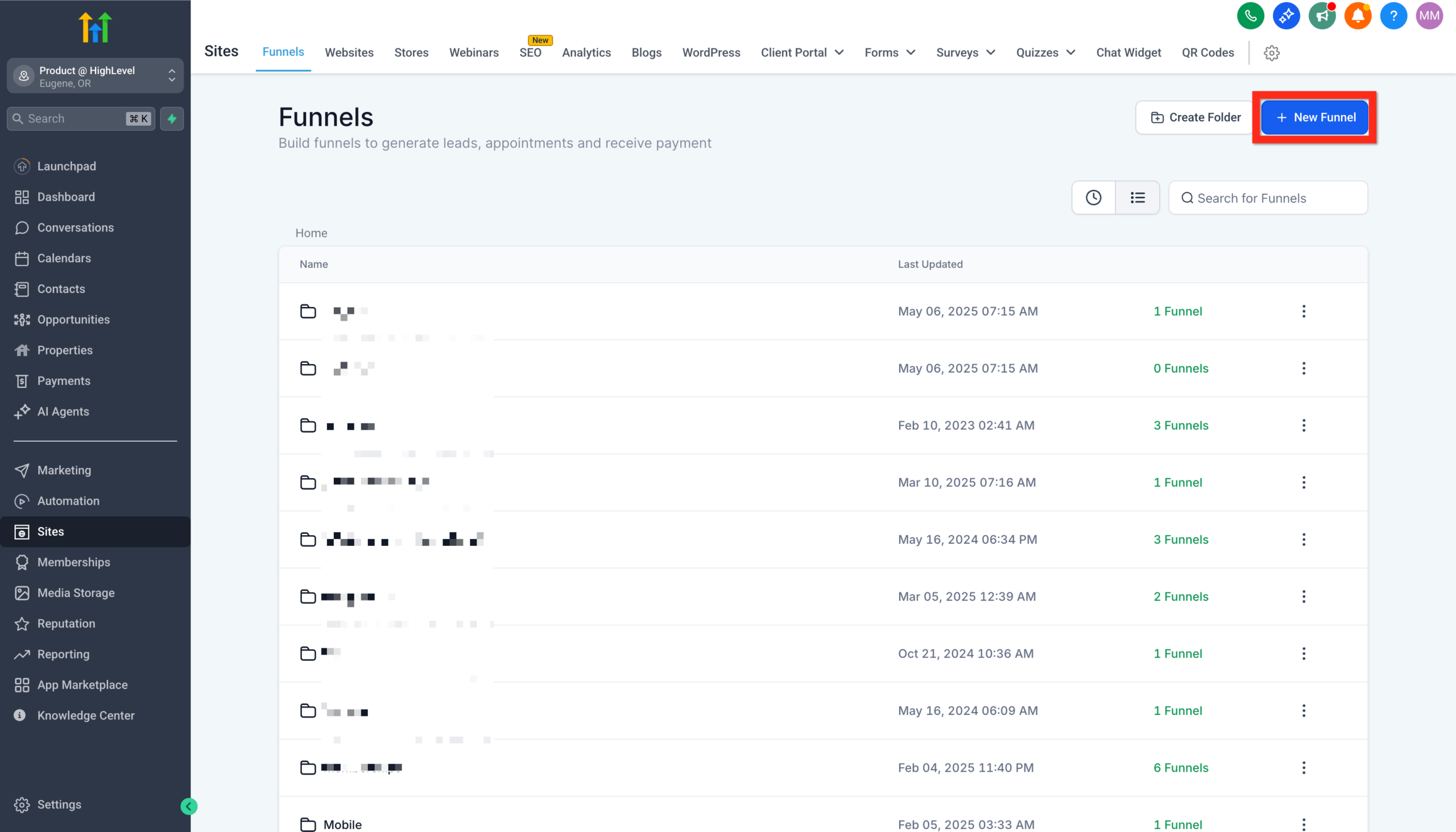 Screenshot showing navigation to Sites and then Funnels in the <a href=