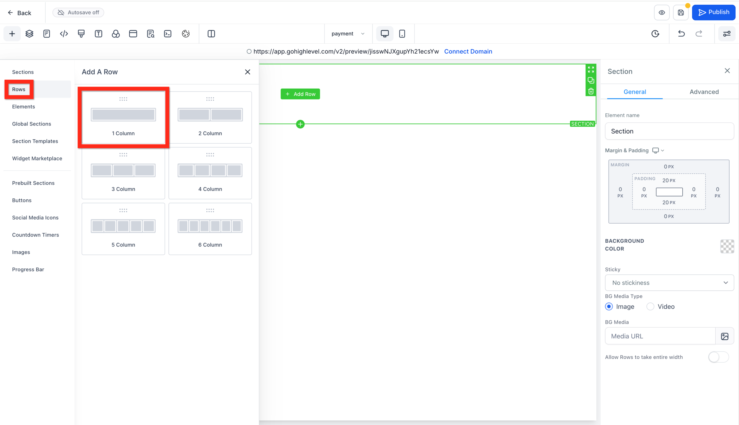 Screenshot of the GoHighLevel page editor, showing the option to add a '1 Column Row' within a section for content organization.