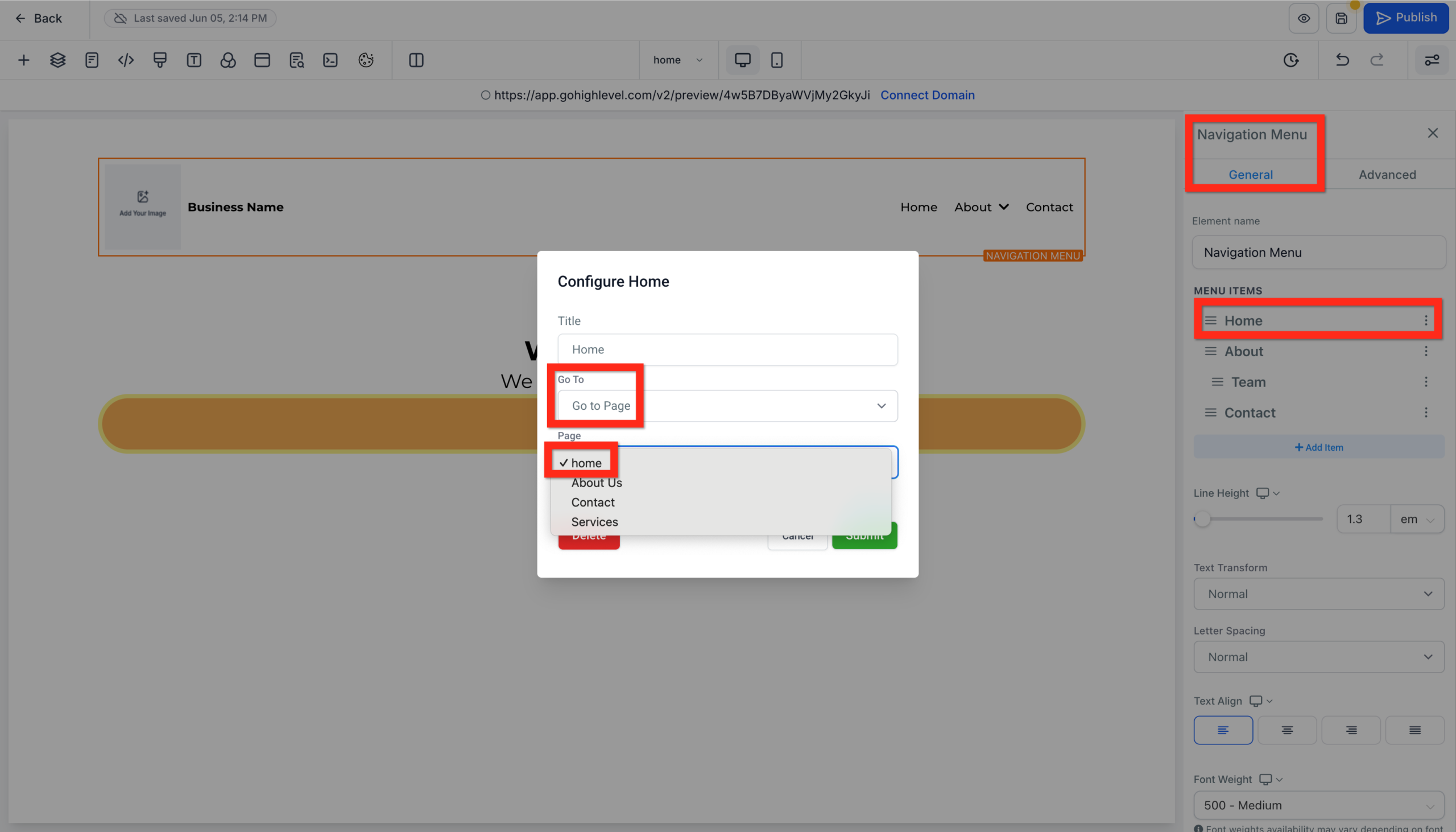 GoHighLevel navigation menu settings panel, showing options to add menu items and link them to specific pages.